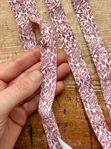 A partridge in a pair tree - Lino printed cotton ribbon