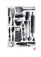 Kitchen & Baking Tools A4 Lino Print