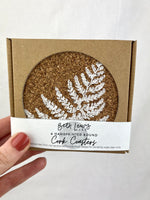 4 White Fern Design Cork Coasters